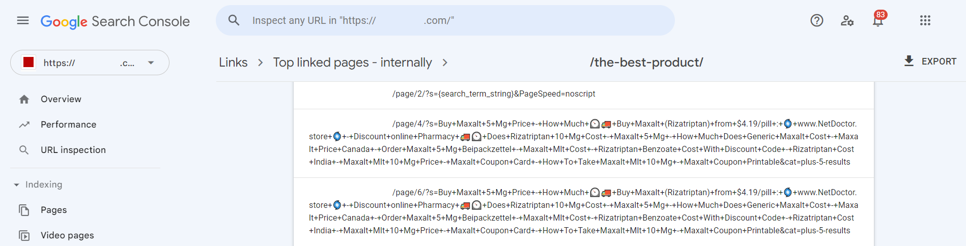 Image of Backlinks in Google Search Console of SEO Rank Poisioning via injected search queries in WordPress