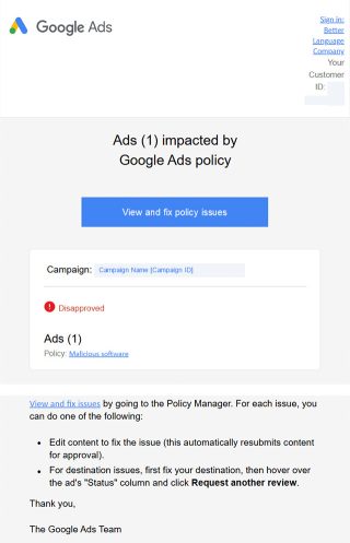 Google Ads Disapproved Notification Google Ads Disapproval Notice