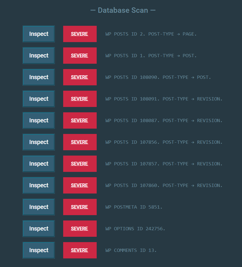 Malcure database scan results showing infected table name and row ID
