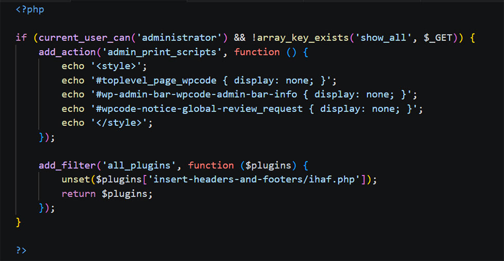 PHP snippet for hiding WPCode from the WordPress dashboard